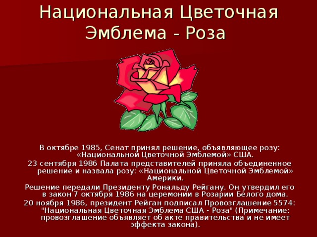 Национальная Цветочная Эмблема - Роза В октябре 1985, Сенат принял решение, объявляющее розу: «Национальной Цветочной Эмблемой» США. 23 сентября 1986 Палата представителей приняла объединенное решение и назвала розу: «Национальной Цветочной Эмблемой» Америки. Решение передали Президенту Рональду Рейгану. Он утвердил его в закон 7 октября 1986 на церемонии в Розарии Белого дома. 20 ноября 1986, президент Рейган подписал Провозглашение 5574: 