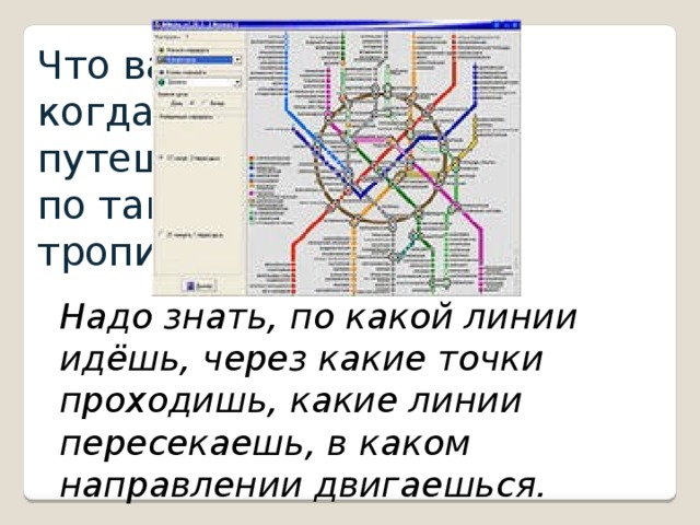 Что важно знать, когда путешествуешь по таким тропинкам? Надо знать, по какой линии идёшь, через какие точки проходишь, какие линии пересекаешь, в каком направлении двигаешься. 