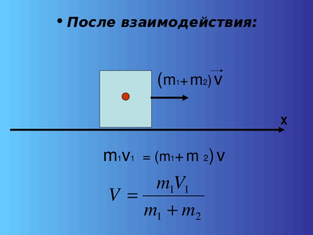После взаимодействия: ( m 1 +  m 2 )  v Х = (m 1 +  m 2 )  v m 1 v 1 