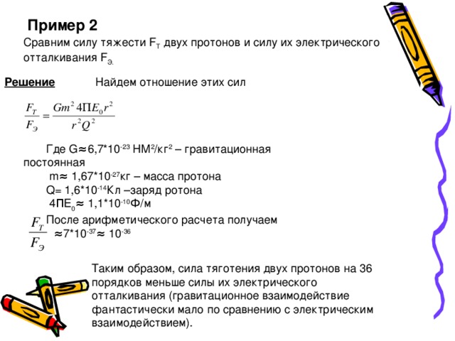 Пример 2 Сравним силу тяжести F Т двух протонов и силу их электрического отталкивания F Э. Решение  Найдем отношение этих сил Где G ≈6,7*10 -23 НМ 2 /кг 2 – гравитационная постоянная  m ≈ 1,67*10 -27 кг – масса протона Q = 1,6*10 -14 Кл –заряд ротона  4 ΠE 0 ≈ 1,1*10 -10 Ф/м После арифметического расчета получаем ≈ 7*10 -37 ≈ 10 -36 Таким образом, сила тяготения двух протонов на 36 порядков меньше силы их электрического отталкивания (гравитационное взаимодействие фантастически мало по сравнению с электрическим взаимодействием). 