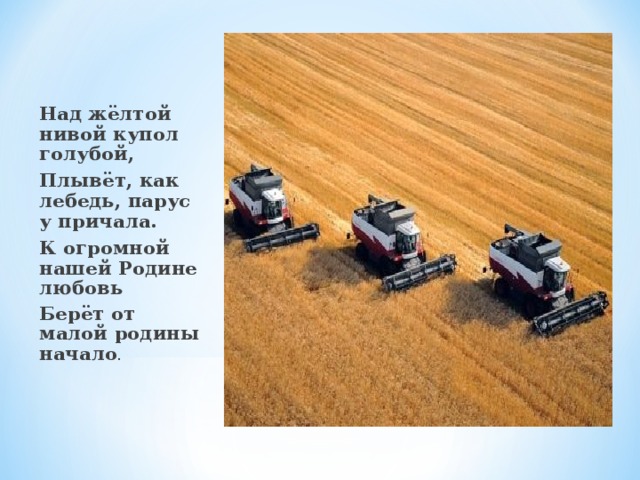 Над жёлтой нивой купол голубой, Плывёт, как лебедь, парус у причала. К огромной нашей Родине любовь Берёт от малой родины начало .  