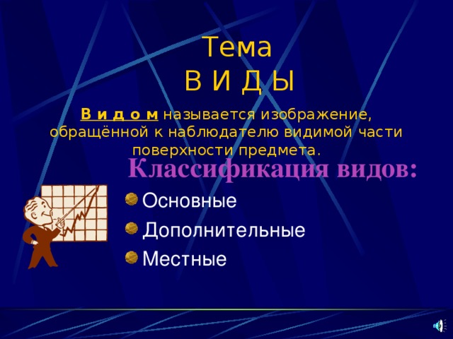  Тема В И Д Ы В и д о м называется изображение, обращённой к наблюдателю видимой части поверхности предмета. Классификация видов: 
