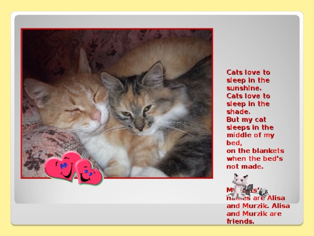       Cats love to sleep in the sunshine .   Cats love to sleep in the shade .   But my cat sleeps in the middle of my bed ,   on the blankets when the bed's not made.    My cats’  names are Alisa and Murzik. Alisa and Murzik are friends.   