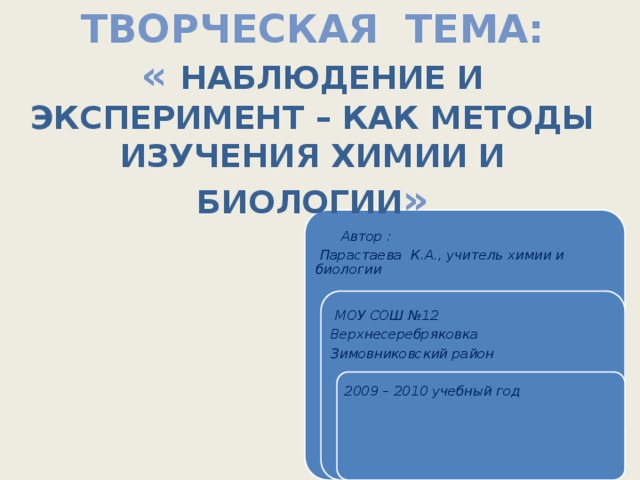 Творческая тема: « Наблюдение и эксперимент – как методы изучения химии и биологии »  Автор :  Парастаева К.А., учитель химии и биологии  МОУ СОШ №12 Верхнесеребряковка Зимовниковский район 2009 – 2010 учебный год  