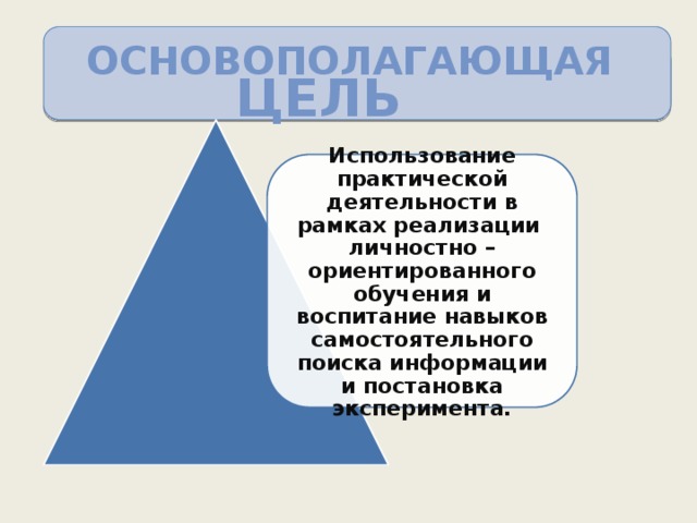 Основополагающая цель Использование практической деятельности в рамках реализации личностно – ориентированного обучения и воспитание навыков самостоятельного поиска информации и постановка эксперимента. 
