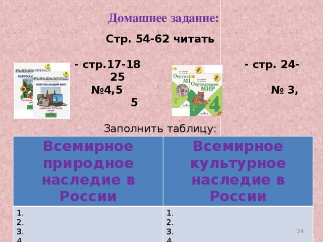  Домашнее задание: Стр. 54-62 читать    - стр.17-18 - стр. 24-25  №4,5 № 3, 5   Заполнить таблицу: Всемирное природное наследие в России 1. Всемирное культурное наследие в России 2. 1. 3. 2. 4. 3. 4.  