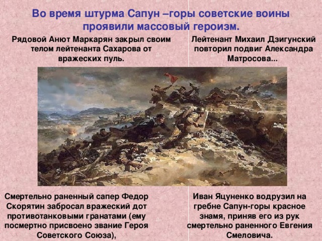 Во время штурма Сапун –горы советские воины проявили массовый героизм. Лейтенант Михаил Дзигунский повторил подвиг Александра Матросова... Рядовой Анют Маркарян закрыл своим телом лейтенанта Сахарова от вражеских пуль. Смертельно раненный сапер Федор Скорятин забросал вражеский дот противотанковыми гранатами (ему посмертно присвоено звание Героя Советского Союза), Иван Яцуненко водрузил на гребне Сапун-горы красное знамя, приняв его из рук смертельно раненного Евгения Смеловича. 