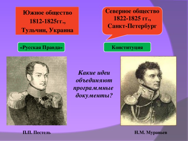 Северное общество Южное общество 1822-1825 гг., 1812-1825гг., Санкт-Петербург Тульчин, Украина «Русская Правда» Конституция Какие идеи объединяют программные документы? П.П. Пестель Н.М. Муравьев 