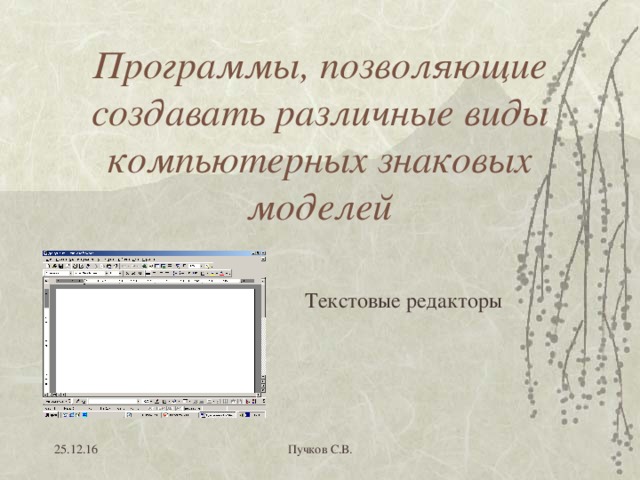 Программы, позволяющие создавать различные виды компьютерных знаковых моделей Текстовые редакторы 25.12.16 Пучков С.В. 