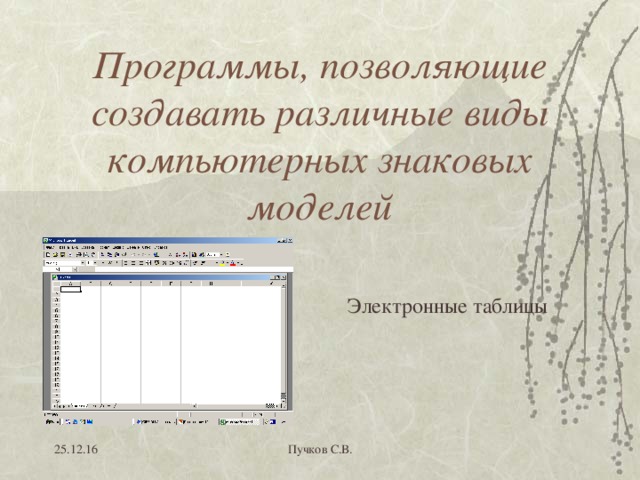 Программы, позволяющие создавать различные виды компьютерных знаковых моделей Электронные таблицы 25.12.16 Пучков С.В. 