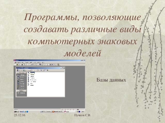 Программы, позволяющие создавать различные виды компьютерных знаковых моделей Базы данных 25.12.16 Пучков С.В. 