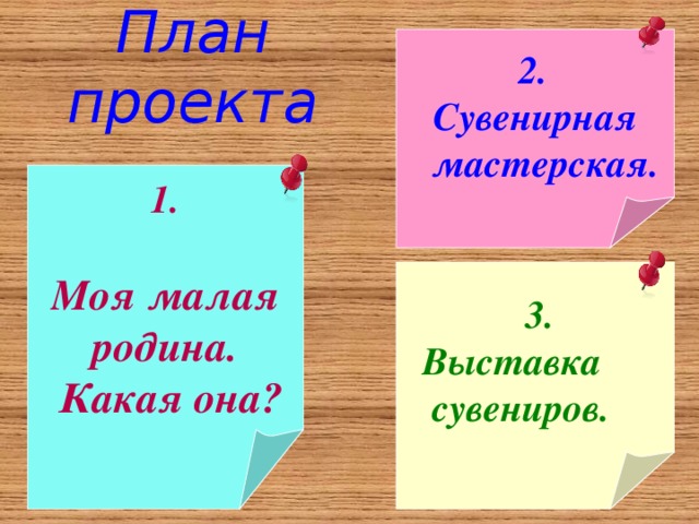 План проекта  2.  Сувенирная  мастерская.  1.  Моя малая родина.  Какая она?   3.  Выставка  сувениров. 