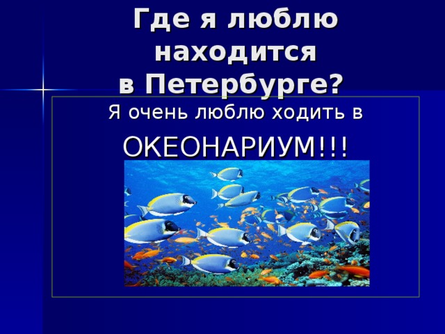 Где я люблю находится  в Петербурге ?  Я очень люблю ходить в ОКЕОНАРИУМ!!! 