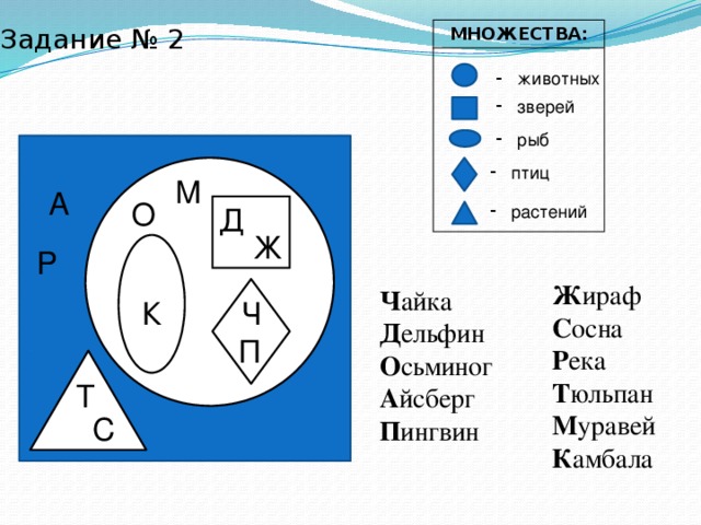 Задание № 2 МНОЖЕСТВА:  животных  зверей  рыб  птиц М А О Д  растений Ж Р Ж ираф С осна Р ека Т юльпан М уравей К амбала Ч айка Д ельфин О сьминог А йсберг П ингвин К Ч П Т С 