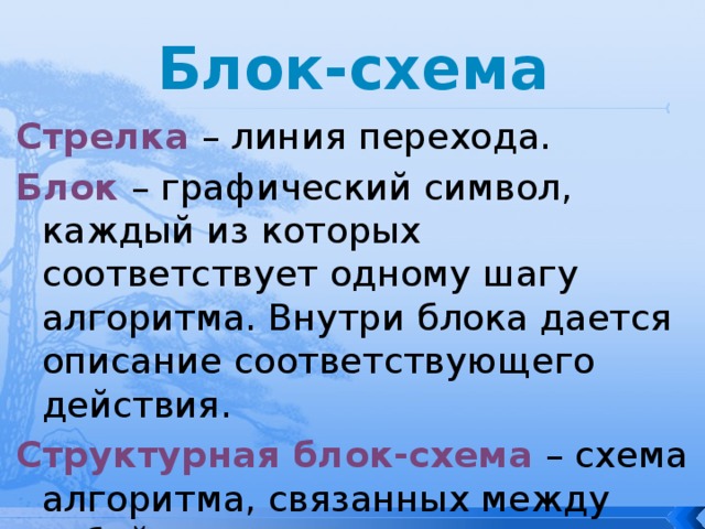 Блок-схема Стрелка – линия перехода. Блок – графический символ, каждый из которых соответствует одному шагу алгоритма. Внутри блока дается описание соответствующего действия. Структурная блок-схема – схема алгоритма, связанных между собой с помощью стрелок и блоков. 