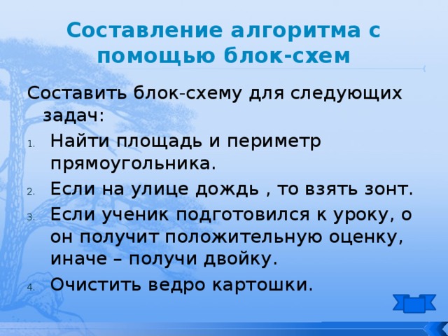 Составление алгоритма с помощью блок-схем Составить блок-схему для следующих задач: Найти площадь и периметр прямоугольника. Если на улице дождь , то взять зонт. Если ученик подготовился к уроку, о он получит положительную оценку, иначе – получи двойку. Очистить ведро картошки. 