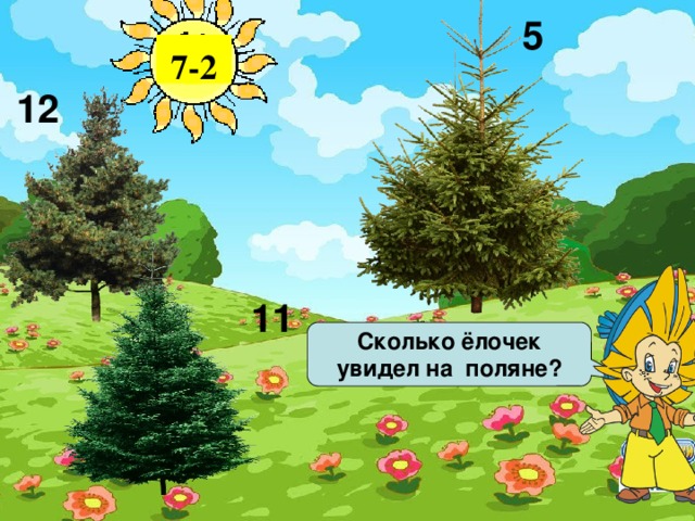 5 7-2 12 11 Сколько ёлочек увидел на поляне? 