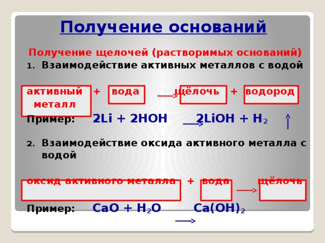 Есть ли основания. Получение оснований. Получение растворимых оснований. Взаимодействие активных металлов с водой. Получение оснований примеры.