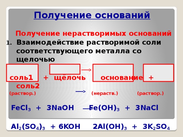 Соль основание металл. Получение оснований. Получение нерастворимых оснований. Способы получения растворимых оснований. Способы получения растворимых и нерастворимых оснований.