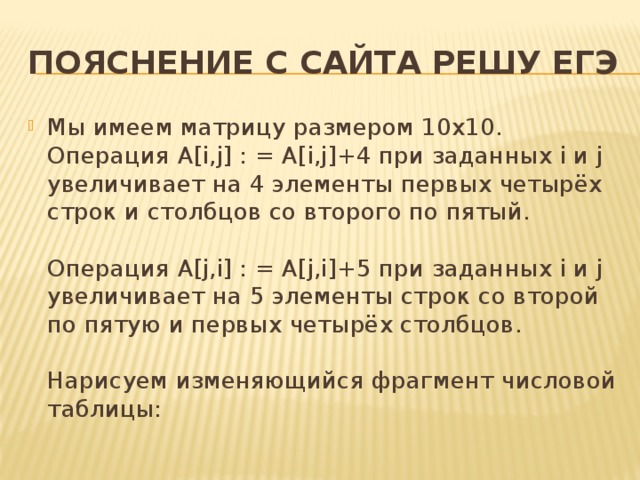 Пояснение с сайта решу ЕГЭ Мы имеем матрицу размером 10x10. Операция A[i,j] : = A[i,j]+4 при заданных i и j увеличивает на 4 элементы первых четырёх строк и столбцов со второго по пятый.   Операция A[j,i] : = A[j,i]+5 при заданных i и j увеличивает на 5 элементы строк со второй по пятую и первых четырёх столбцов.   Нарисуем изменяющийся фрагмент числовой таблицы: 