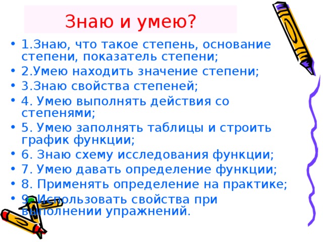 Знаю и умею? 1.Знаю, что такое степень, основание степени, показатель степени; 2.Умею находить значение степени; 3.Знаю свойства степеней; 4. Умею выполнять действия со степенями; 5. Умею заполнять таблицы и строить график функции; 6. Знаю схему исследования функции; 7. Умею давать определение функции; 8. Применять определение на практике; 9. Использовать свойства при выполнении упражнений. 