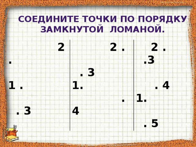 Соедините точки по порядку замкнутой ломаной.  2 .   2 .  . 3 1 .  2 . .3  . 3 1.  . 4  . 4 1.  . 5 