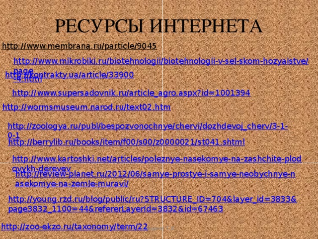 РЕСУРСЫ ИНТЕРНЕТА http://www.membrana.ru/particle/9045  http://www.mikrobiki.ru/biotehnologii/biotehnologii-v-sel-skom-hozyaistve/page - 4.html http://kontrakty.ua/article/33900 http://www.supersadovnik.ru/article_agro.aspx?id=1001394 http://wormsmuseum.narod.ru/text02.htm http://zoologya.ru/publ/bespozvonochnye/chervi/dozhdevoj_cherv/3-1-0-1 http://berrylib.ru/books/item/f00/s00/z0000021/st041.shtml http://www.kartoshki.net/articles/poleznye-nasekomye-na-zashchite-plodovykh-derevev http://review-planet.ru/2012/06/samye-prostye-i-samye-neobychnye-nasekomye-na-zemle-muravi/ http://young.rzd.ru/blog/public/ru?STRUCTURE_ID=704&layer_id=3833&page3832_1100=44&refererLayerId=3832&id=67463 http://zoo-ekzo.ru/taxonomy/term/22 Чащина Т.И. 