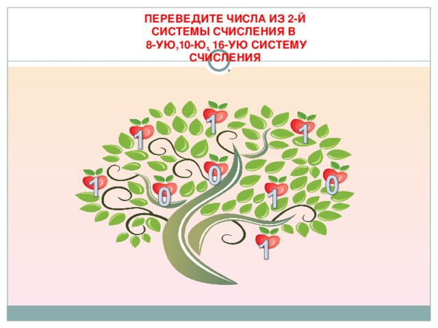 ПЕРЕВЕДИТЕ ЧИСЛА ИЗ 2-Й СИСТЕМЫ СЧИСЛЕНИЯ В  8-УЮ,10-Ю, 16-УЮ СИСТЕМУ СЧИСЛЕНИЯ 