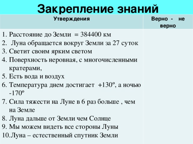 Закрепление знаний Утверждения Верно - не верно Расстояние до Земли = 384400 км  Луна обращается вокруг Земли за 27 суток Светит своим ярким светом Поверхность неровная, с многочисленными кратерами, Есть вода и воздух Температура днем достигает +130 º , а ночью -170 º  Сила тяжести на Луне в 6 раз больше , чем на Земле Луна дальше от Земли чем Солнце Мы можем видеть все стороны Луны Луна – естественный спутник Земли  