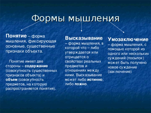 Понятие – форма мышления, фиксирующая основные, существенные признаки объекта.  Понятие имеет две стороны – содержание (совокупность существенных признаков объекта) и объем (совокупность предметов, на которую распространяется понятия). Высказывание  – форма мышления, в которой что – либо утверждается или отрицается о свойствах реальных предметов и отношениях между ними. Высказывание может либо истинно , либо ложно . Умозаключение – форма мышления, с помощью которой из одного или нескольких суждений (посылок) может быть получено новое суждение (заключение) 