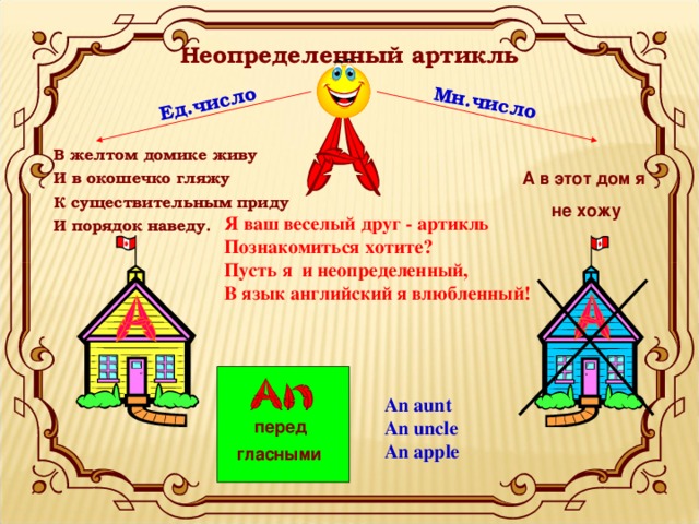 Ед.число Мн.число Неопределенный  артикль В желтом домике живу И в окошечко гляжу К существительным приду И порядок наведу. А в этот дом я не хожу Я ваш веселый друг - артикль Познакомиться хотите? Пусть я и неопределенный, В язык английский я влюбленный!   перед гласными  An aunt An uncle An apple 