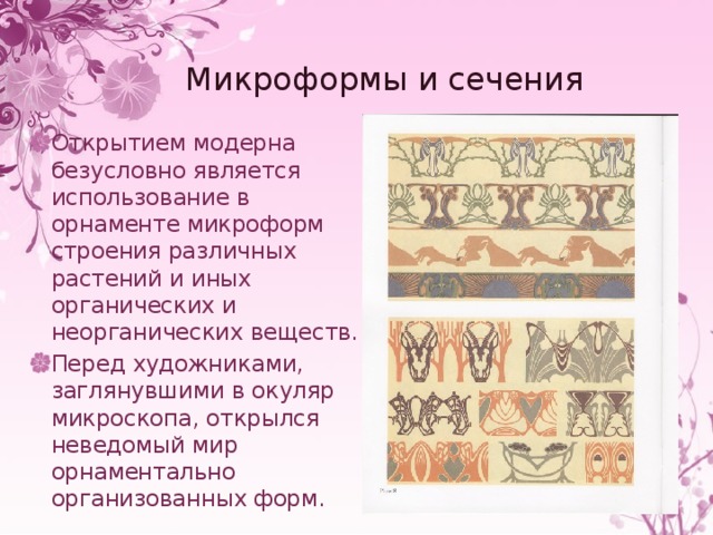 Микроформы и сечения Открытием модерна безусловно является использование в орнаменте микроформ строения различных растений и иных органических и неорганических веществ. Перед художниками, заглянувшими в окуляр микроскопа, открылся неведомый мир орнаментально организованных форм. 