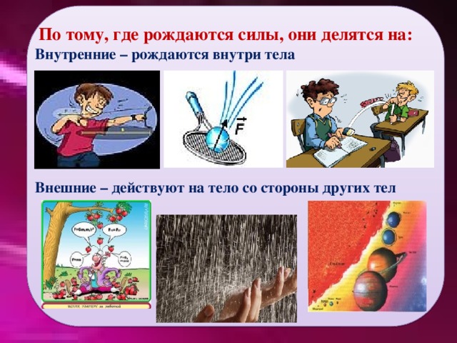 По тому, где рождаются силы, они делятся на: Внутренние – рождаются внутри тела Внешние – действуют на тело со стороны других тел 