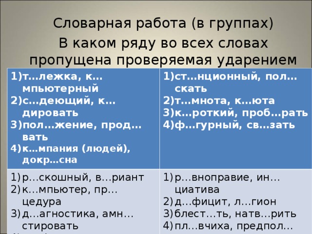 Словарная работа (в группах) В каком ряду во всех словах пропущена проверяемая ударением гласная в корне? т…лежка, к…мпьютерный с…деющий, к…дировать пол…жение, прод…вать к…мпания (людей), докр…сна ст…нционный, пол…скать т…мнота, к…юта к…роткий, проб…рать ф…гурный, св…зать р…скошный, в…риант к…мпьютер, пр…цедура д…агностика, амн…стировать проф…ль, в…льсировать р…вноправие, ин…циатива д…фицит, л…гион блест…ть, натв…рить пл…вчиха, предпол…гать 