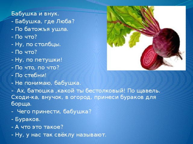 Бабушка и внук. - Бабушка, где Люба? - По батожъя ушла. - По что? - Ну, по столбцы. - По что? - Ну, по петушки! - По что, по что? - По стебни! - Не понимаю, бабушка. -  Ах, батюшка ,какой ты бестолковый! По щавель. Сходи-ка, внучок, в огород, принеси бураков для борща. -  Чего принести, бабушка? - Бураков. - А что это такое? - Ну, у нас так свёклу называют. 