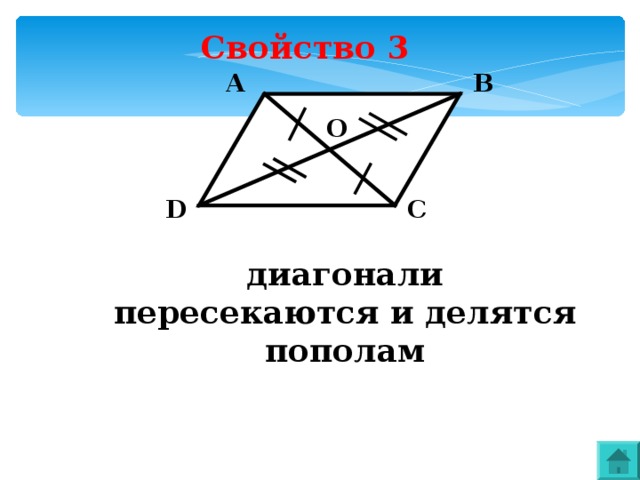 Свойство 3 B A O D C диагонали пересекаются и делятся пополам 
