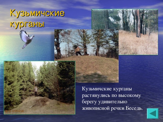 Кузьмичские курганы Кузьмичские курганы растянулись по высокому берегу удивительно живописной речки Беседь. 