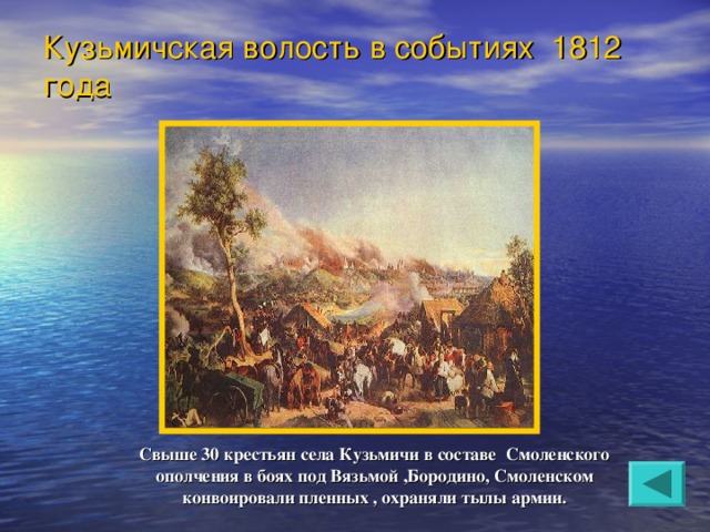 Кузьмичская волость в событиях 1812 года   Свыше 30 крестьян села Кузьмичи в составе Смоленского ополчения в боях под Вязьмой ,Бородино, Смоленском конвоировали пленных , охраняли тылы армии. 