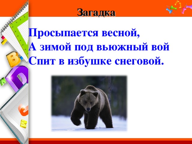 Загадка Просыпается весной, А зимой под вьюжный вой Спит в избушке снеговой. 
