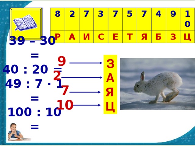 8 2 Р 7 А И 3 7 С Е 5 Т 7 4 Я 9 Б 10 З Ц 39 – 30 = 40 : 20 = 49 : 7 ∙ 1 = 100 : 10 = 9 З А ? Ц 2 7 Я 10 