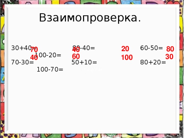 Взаимопроверка. 20 80 40 70 30+40= 80-40= 60-50= 100-20= 70-30= 50+10= 80+20= 100-70= 60 30 40 100 