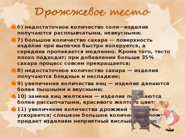 6) недостаточное количество соли—изделия получаются расплывчатыми, невкусными; 7) большое количество сахара — поверхность изделия при выпечке быстро колеруется, а середина пропекается медленно. Кроме того, тесто плохо подходит; при добавлении больше 35% сахара процесс совсем прекращается; 8) недостаточное количество сахара — изделия получаются бледные и несладкие; 9) увеличение количества яиц — изделия делаются более пышными и вкусными; 10) замена яиц желтками — изделия получаются более рассыпчатыми, красивого желтого цвета; 11) увеличение количества дрожжей — брожение ускоряется; слишком большое количество дрожжей придает изделиям неприятный кислый привкус.  