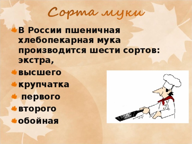 В России пшеничная хлебопекарная мука производится шести сортов: экстра, высшего крупчатка  первого второго обойная  