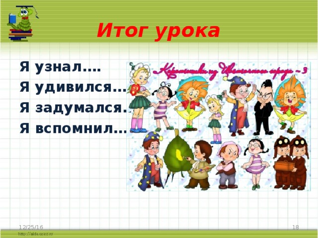 Итог урока Я узнал…. Я удивился… Я задумался… Я вспомнил… 12/25/16  