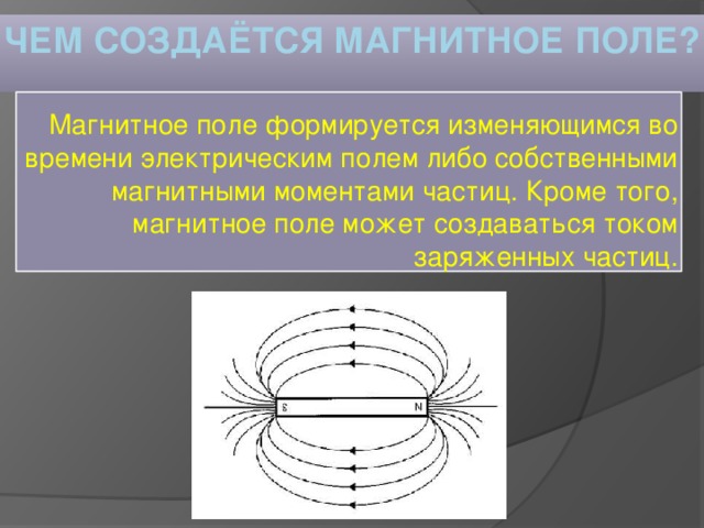 Чем создаётся магнитное поле? Магнитное поле формируется изменяющимся во времени электрическим полем либо собственными магнитными моментами частиц. Кроме того, магнитное поле может создаваться током заряженных частиц. 