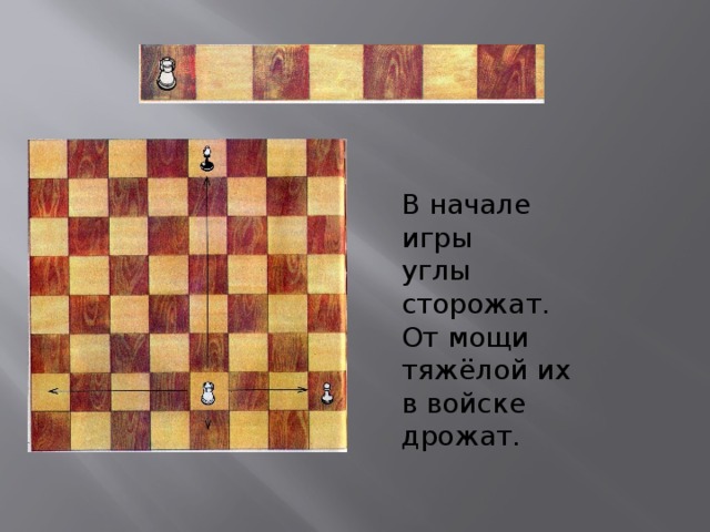 В начале игры углы сторожат. От мощи тяжёлой их в войске дрожат. 