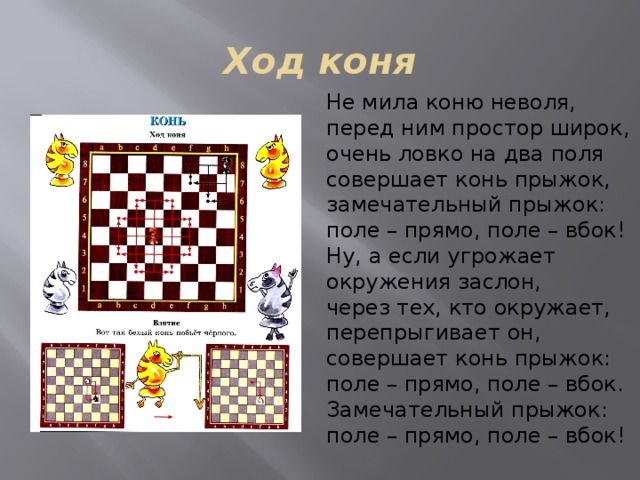 Ход коня Не мила коню неволя, перед ним простор широк, очень ловко на два поля совершает конь прыжок, замечательный прыжок: поле – прямо, поле – вбок! Ну, а если угрожает окружения заслон, через тех, кто окружает, перепрыгивает он, совершает конь прыжок: поле – прямо, поле – вбок. Замечательный прыжок: поле – прямо, поле – вбок! 
