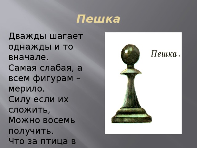 Пешка Дважды шагает однажды и то вначале. Самая слабая, а всем фигурам – мерило. Силу если их сложить, Можно восемь получить. Что за птица в ферзи стремиться? Кто никогда назад не ходит? 