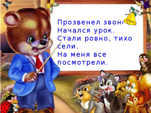 Прозвенел звонок. Начался урок. Стали ровно, тихо сели. На меня все посмотрели. 