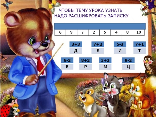 ЧТОБЫ ТЕМУ УРОКА УЗНАТЬ НАДО РАСШИФРОВАТЬ ЗАпИСКУ Д Е 6 Ц 9 И 7 М 2 5 Е 4 Т Р 8 10 5-3 7+1 3+3 7+2 Е Д И Т 8+2 9-2 6-2 3+2 Р М Е Ц 